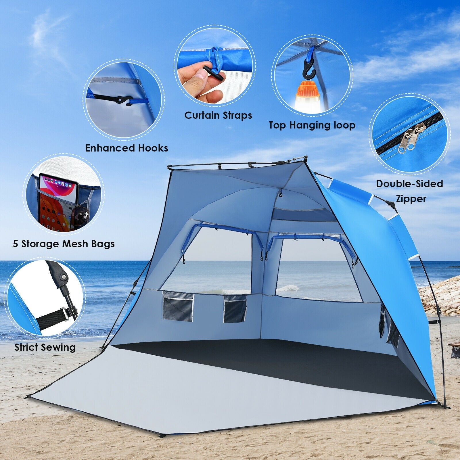 Easy Pop Up Beach Tent UPF 50+ Portable Sun Shelter-Blue for 3-4 Person, Blue Tents at Gallery Canada