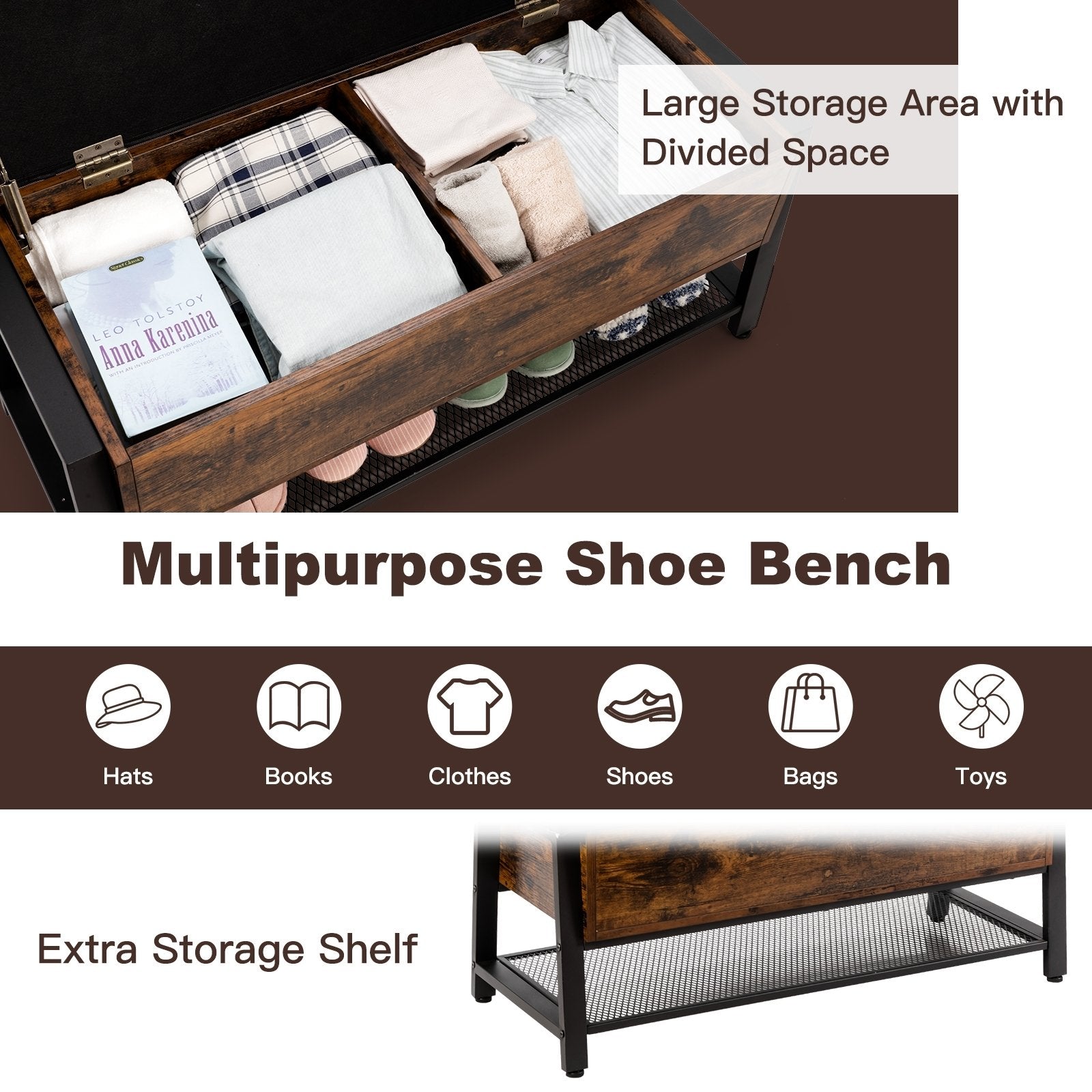 Industrial Storage Shoe Bench with Two Divided Space, Rustic Brown - Gallery Canada