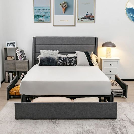 Upholstered Platform Bed Frame with 3 Storage Drawers-Queen Size, Gray - Gallery Canada