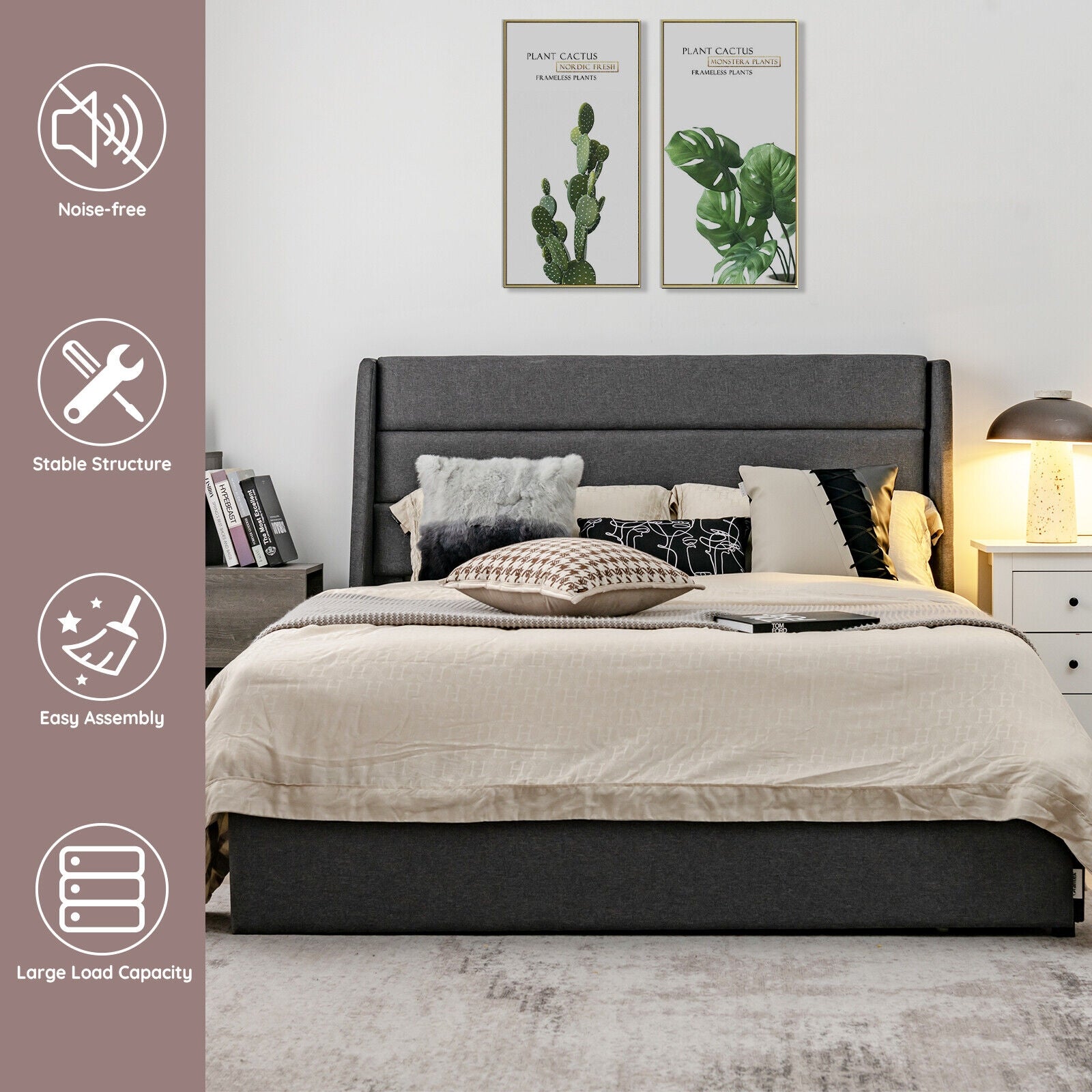 Upholstered Platform Bed Frame with 3 Storage Drawers-Full Size, Gray Simple Bed Frame at Gallery Canada