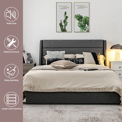 Upholstered Platform Bed Frame with 3 Storage Drawers-Full Size, Gray Simple Bed Frame at Gallery Canada