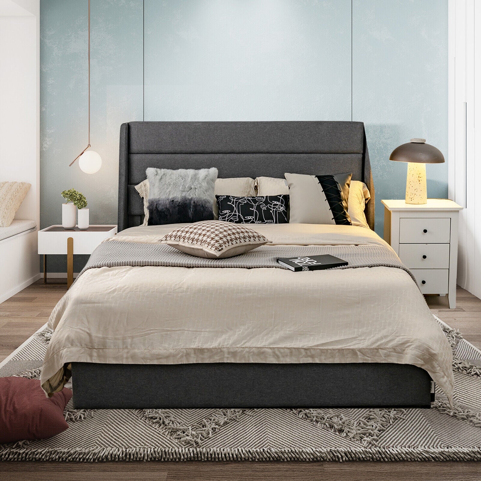 Upholstered Platform Bed Frame with 3 Storage Drawers-Full Size, Gray Simple Bed Frame at Gallery Canada