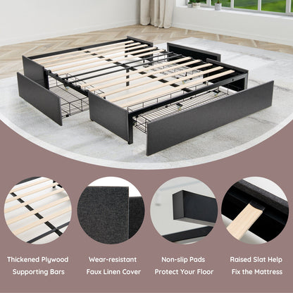Upholstered Platform Bed Frame with 3 Storage Drawers-Full Size, Gray Simple Bed Frame at Gallery Canada