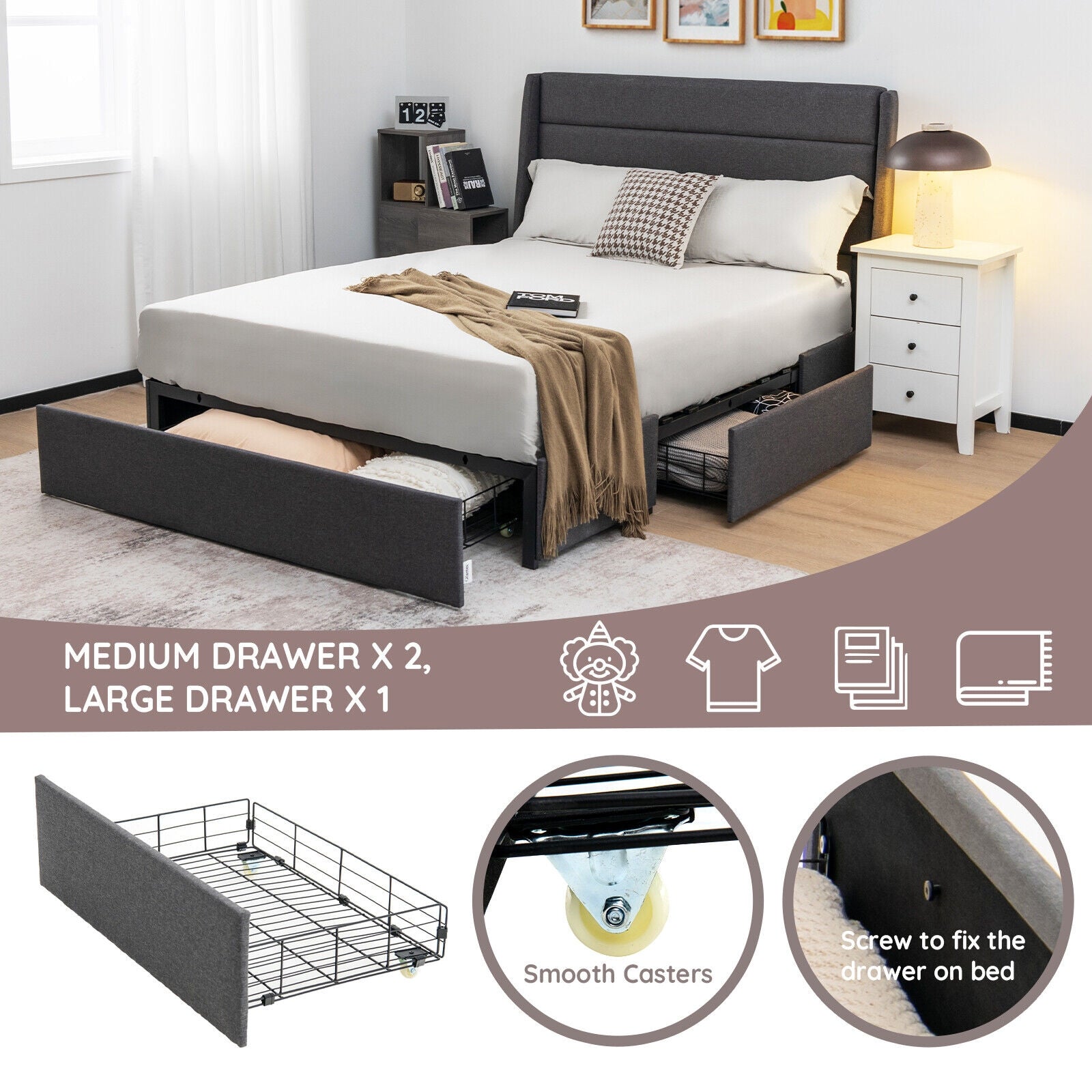 Upholstered Platform Bed Frame with 3 Storage Drawers-Full Size, Gray Simple Bed Frame at Gallery Canada