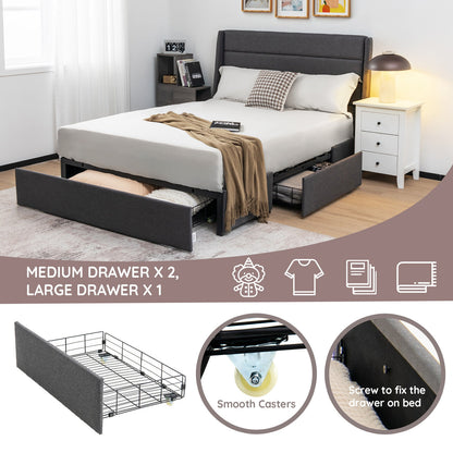 Upholstered Platform Bed Frame with 3 Storage Drawers-Full Size, Gray Simple Bed Frame at Gallery Canada
