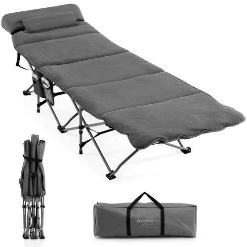 Folding Retractable Camping Cot With Mattress, Carry Bag, Gray