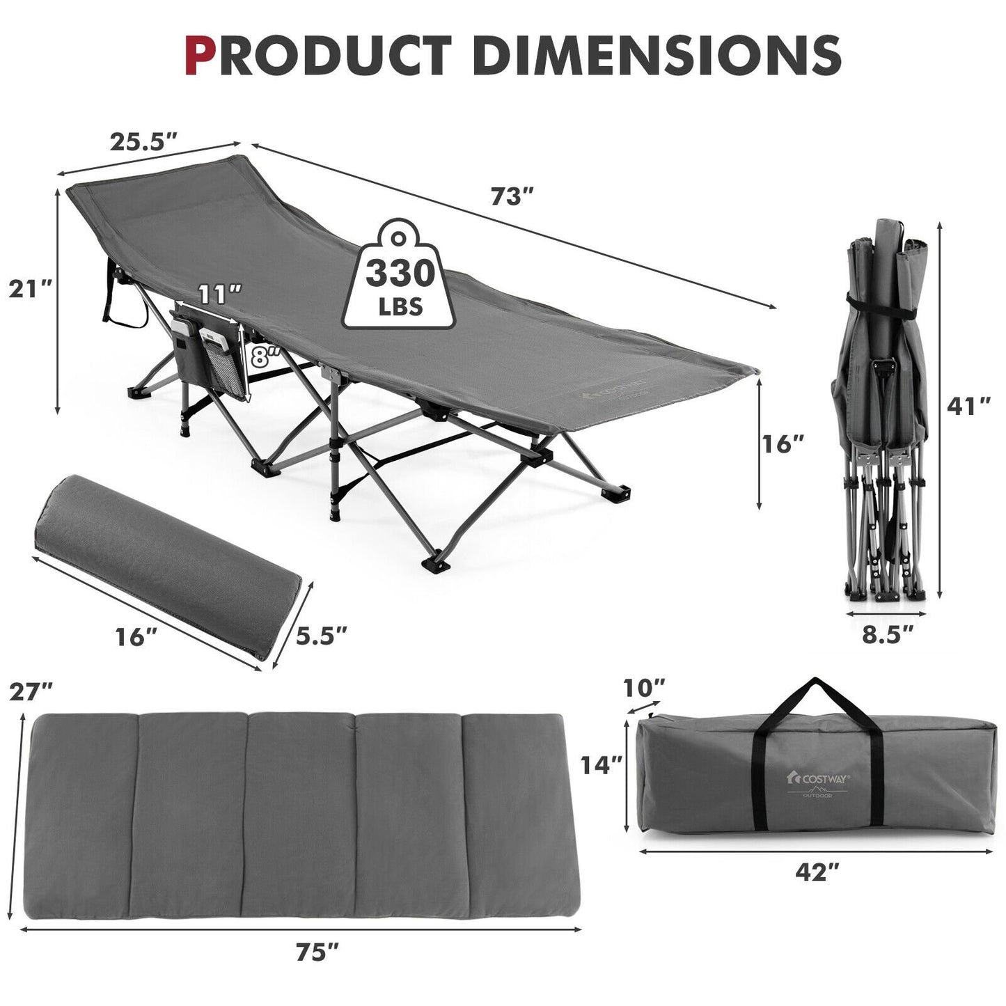 Folding Retractable Travel Camping Cot with Mattress and Carry Bag, Gray