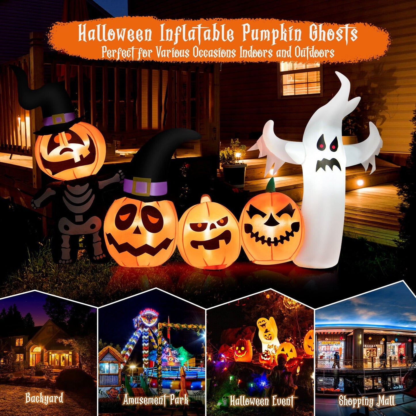 7.5 Feet Long Halloween Inflatable Spooky Ghost and Pumpkin Decor with Lights, Multicolor - Gallery Canada