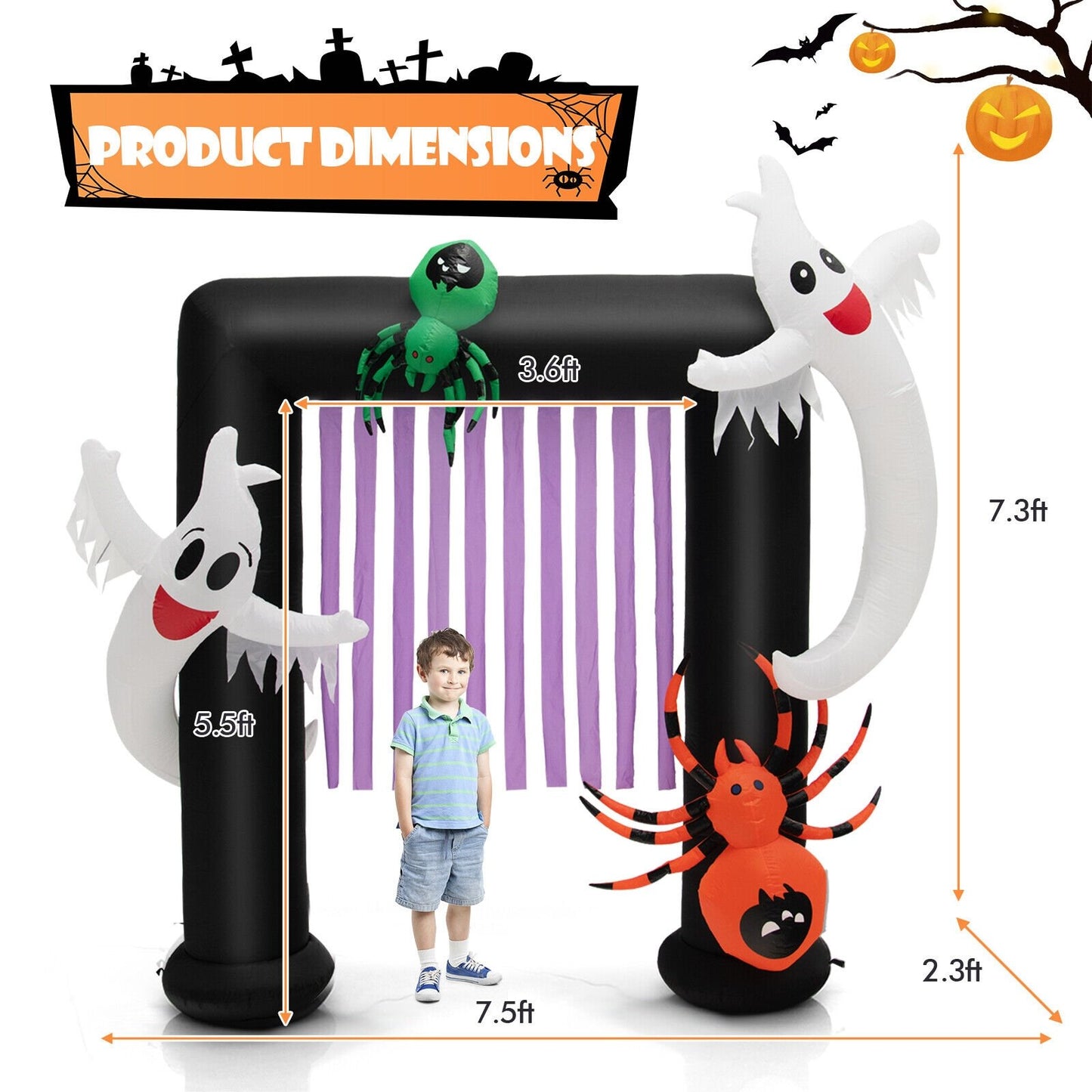 7.5 Feet Halloween Inflatable Archway Blow-up Festive Decoration for Backyard and Porch, Black & White - Gallery Canada