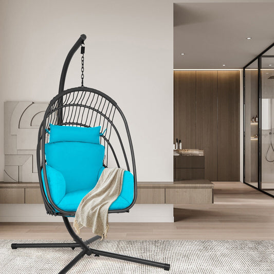 Hanging Folding Egg Chair with Stand Soft Cushion Pillow Swing Hammock, Turquoise - Gallery Canada