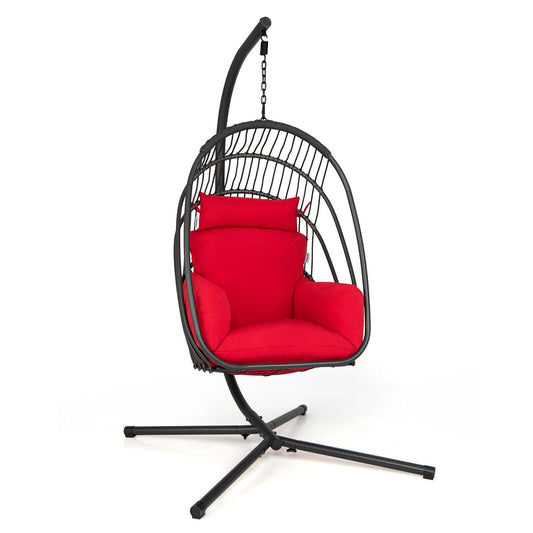 Hanging Folding Egg Chair with Stand Soft Cushion Pillow Swing Hammock, Red - Gallery Canada