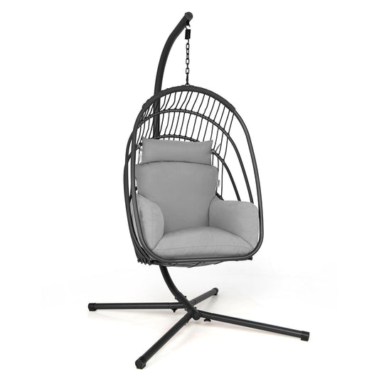 Hanging Folding Egg Chair with Stand Soft Cushion Pillow Swing Hammock, Gray - Gallery Canada