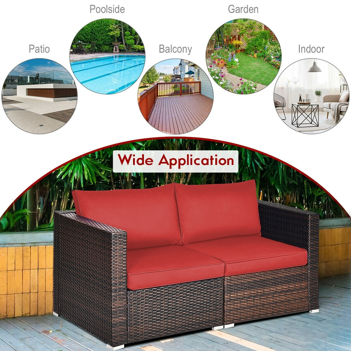 2 Pieces Patio Rattan Sectional Conversation Sofa Set, Red Outdoor Sectionals at Gallery Canada