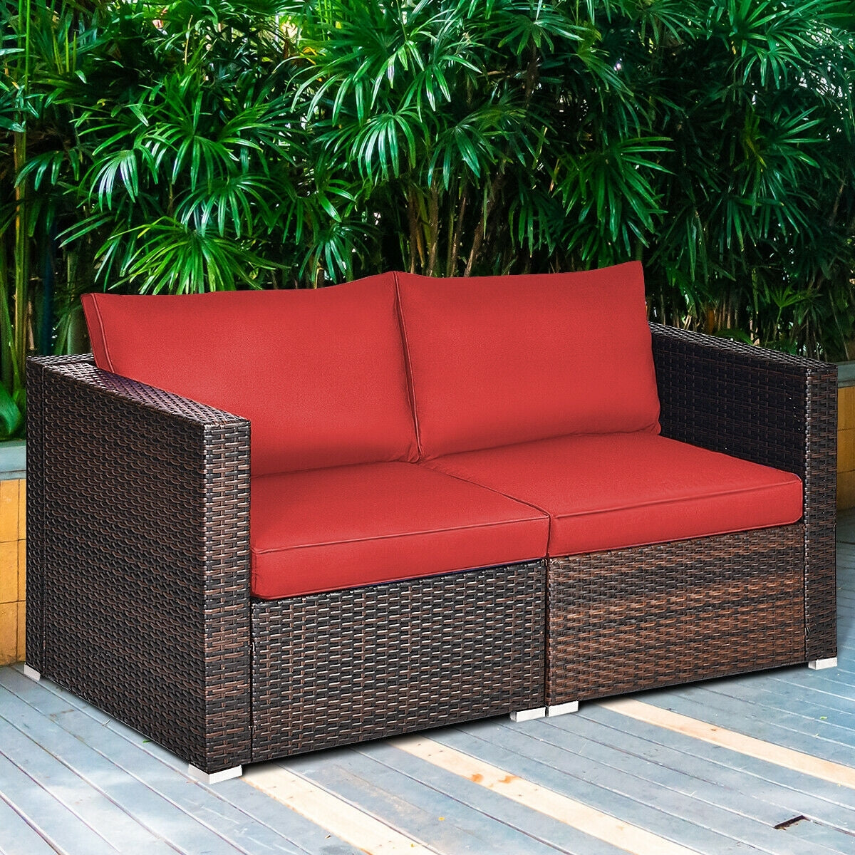 2 Pieces Patio Rattan Sectional Conversation Sofa Set, Red Outdoor Sectionals at Gallery Canada