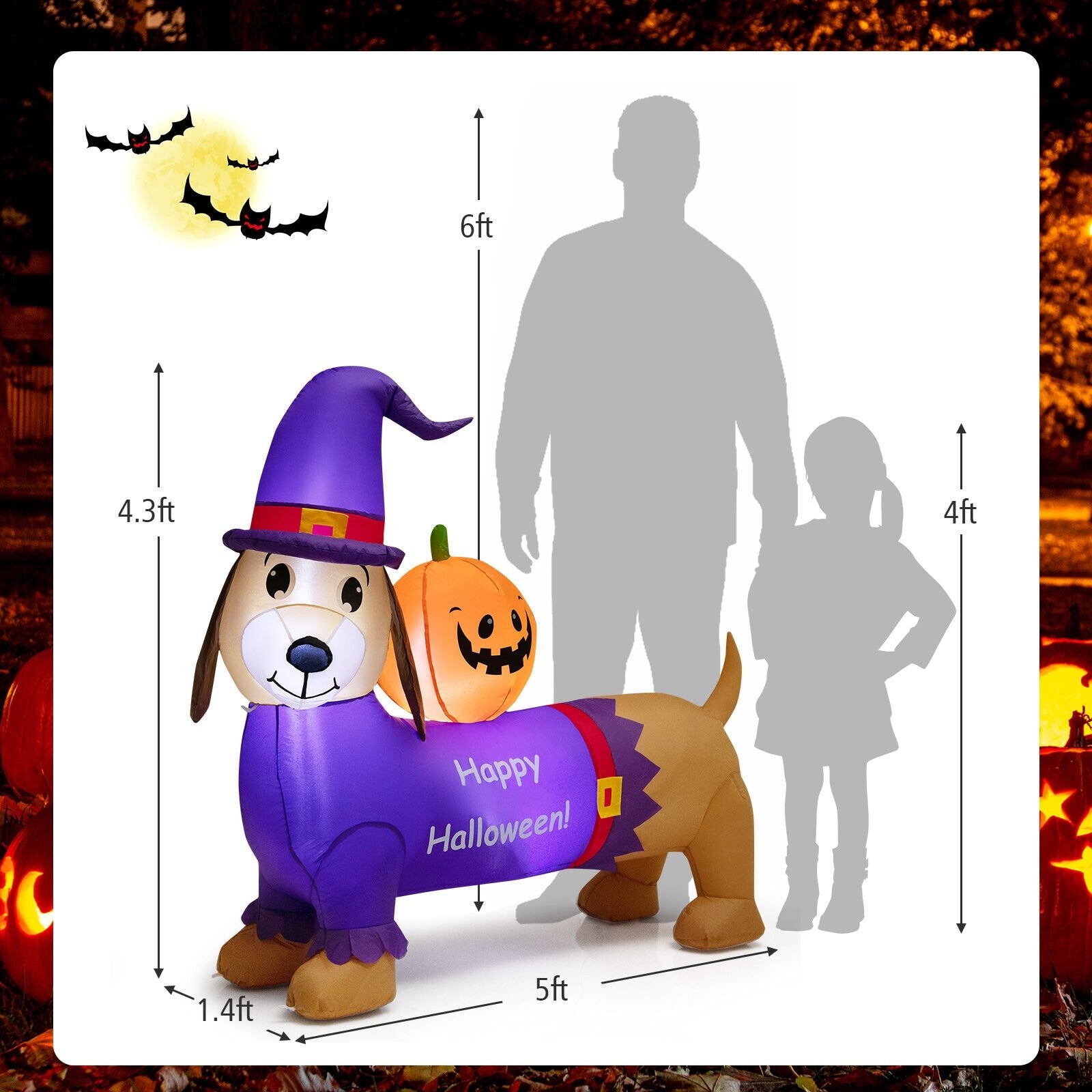 5 Feet Long Halloween Inflatable Dachshund Dog with Pumpkin, Purple - Gallery Canada