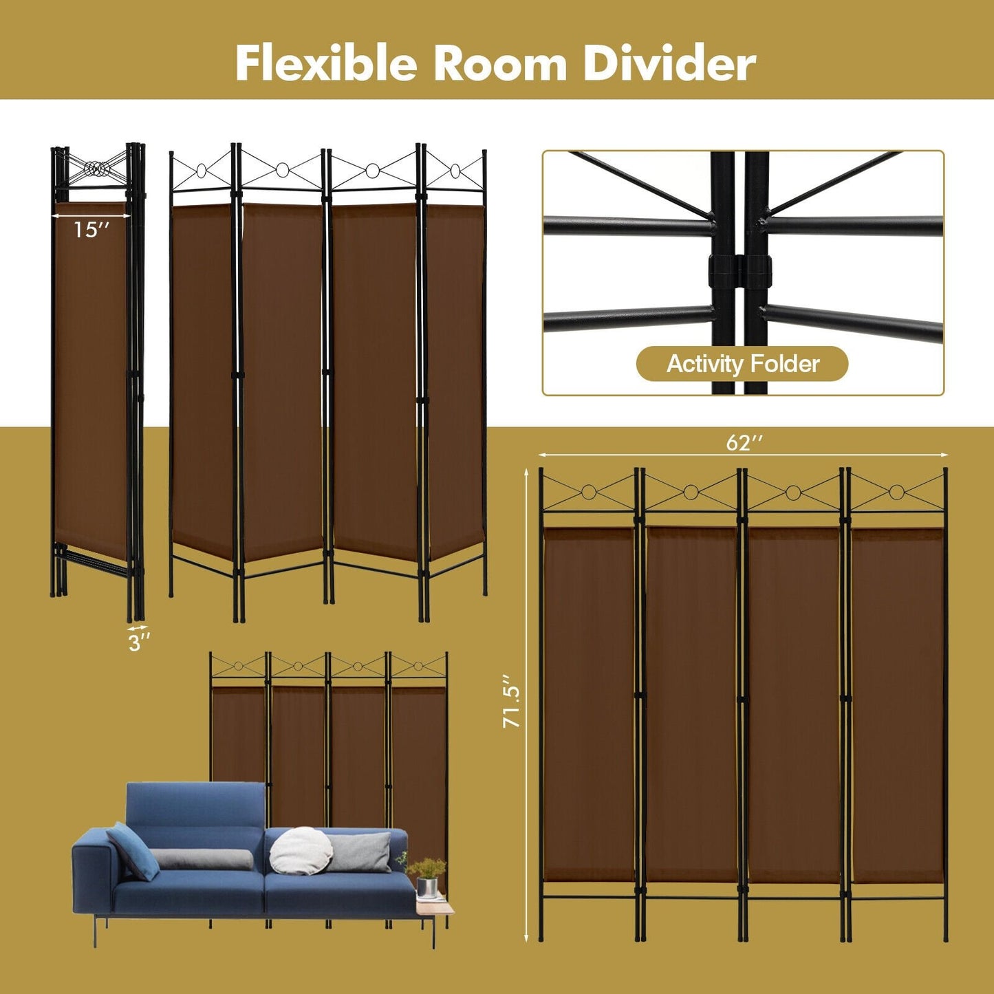 6 Feet 4-Panel Folding Freestanding Room Divider, Brown - Gallery Canada