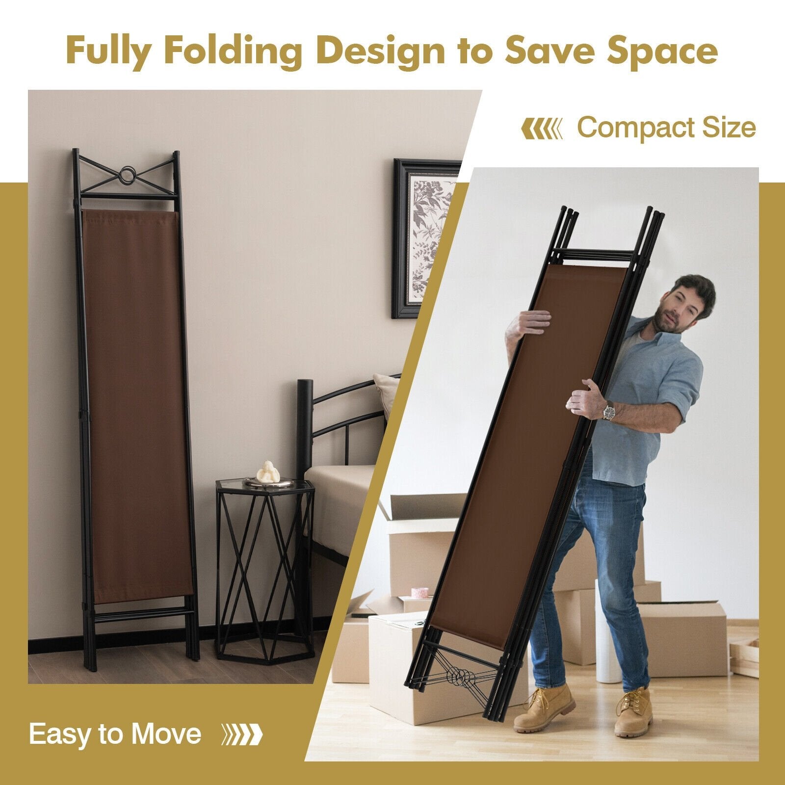 6 Feet 4-Panel Folding Freestanding Room Divider, Brown - Gallery Canada