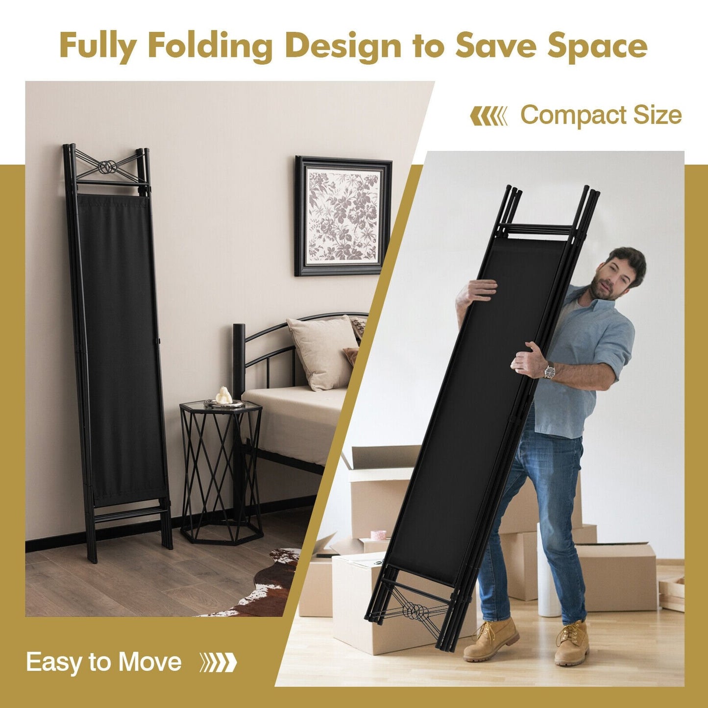 6 Feet 4-Panel Folding Freestanding Room Divider, Black - Gallery Canada