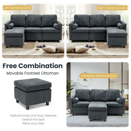 3 Seat L-Shape Movable Convertible Sectional Sofa with Ottoman, Gray - Gallery Canada