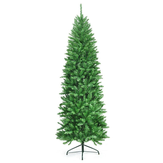7 Feet PVC Hinged Pre-lit Artificial Fir Pencil Christmas Tree with 150 Lights-7 ft, Green - Gallery Canada