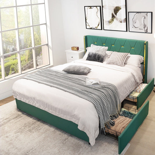 Full/Queen Size Upholstered Bed Frame with 4 Drawers-Green-Queen Size, Green - Gallery Canada