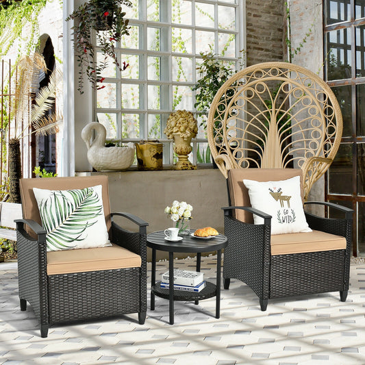 3 Pieces Patio Rattan Furniture Set Cushioned Sofa Storage Table with Shelf Garden, Brown Patio Conversation Sets Brown at Gallery Canada