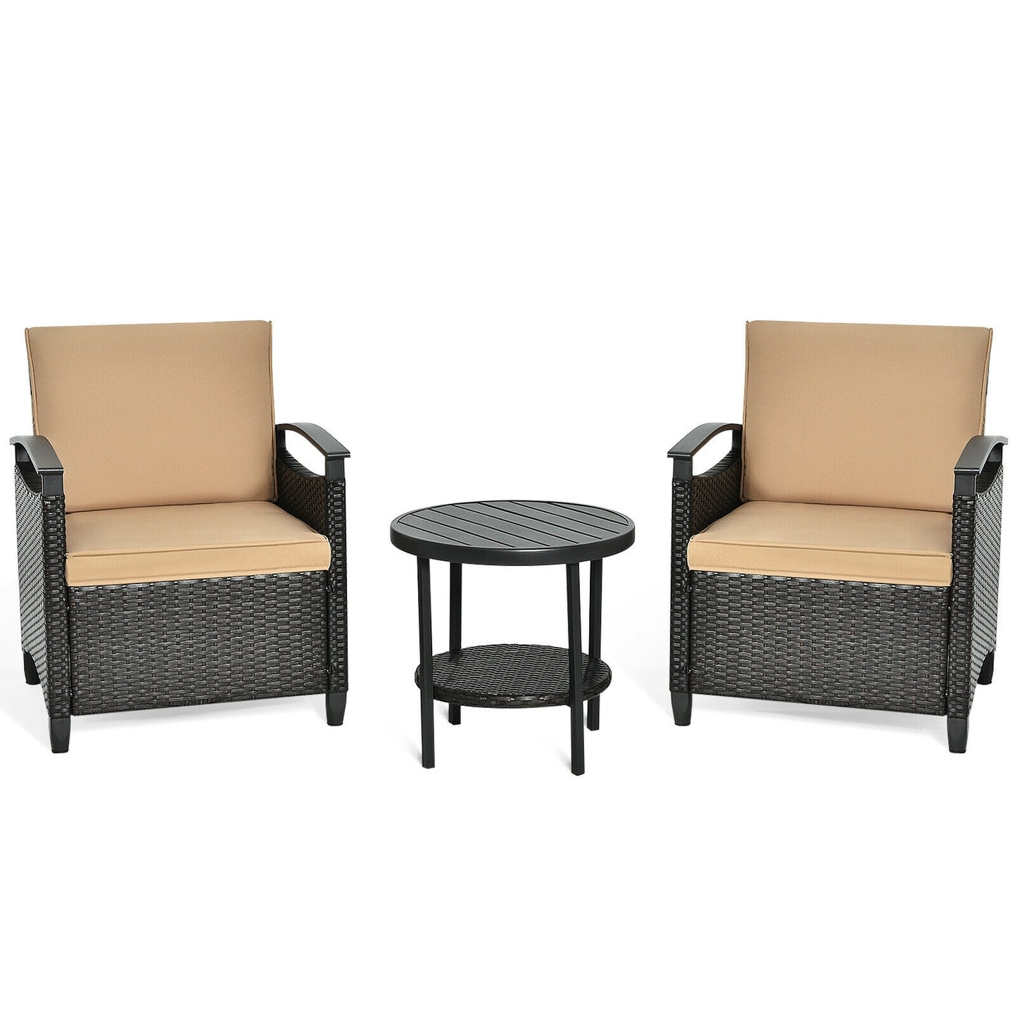 3 Pieces Patio Rattan Furniture Set Cushioned Sofa Storage Table with Shelf Garden, Brown Patio Conversation Sets at Gallery Canada