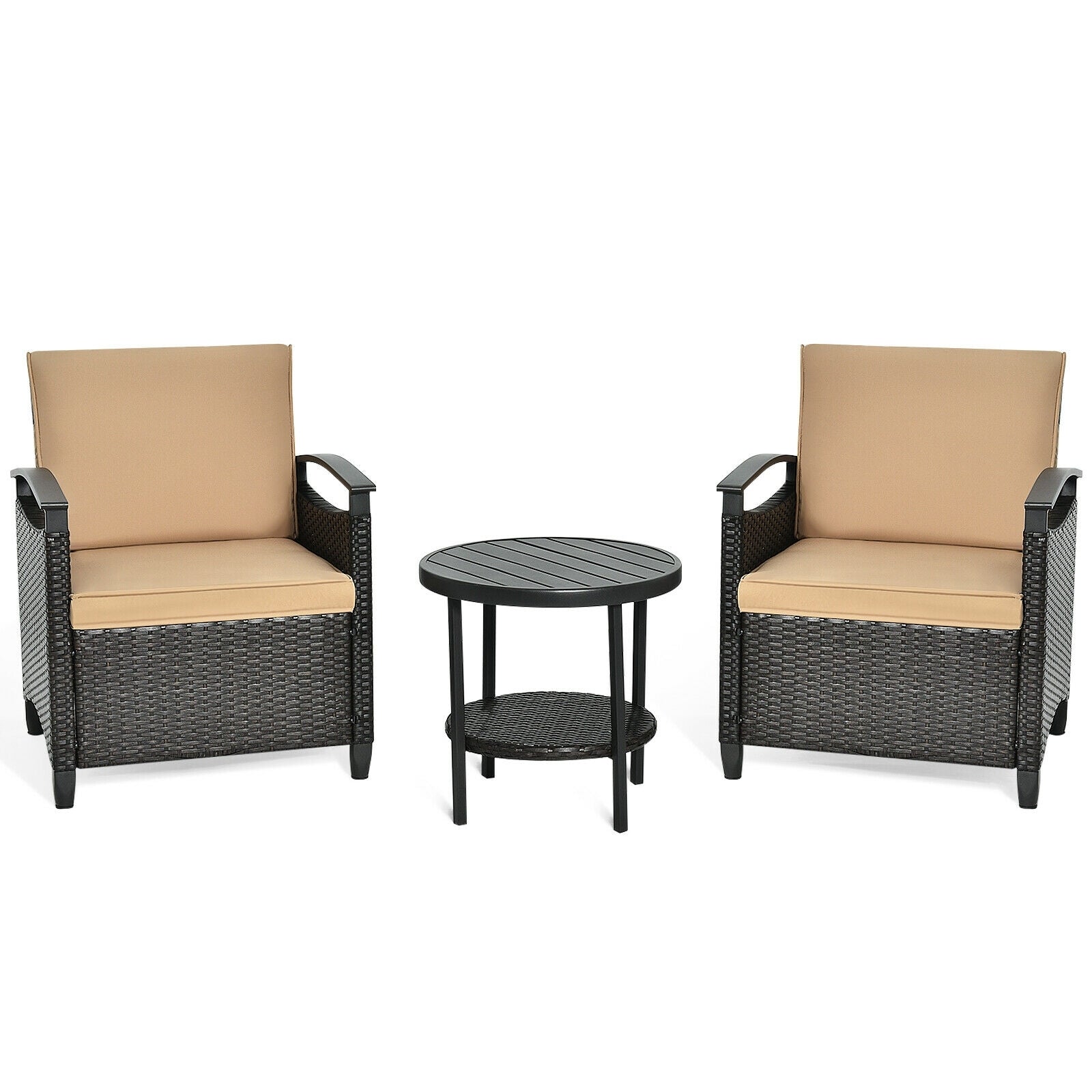 3 Pieces Patio Rattan Furniture Set Cushioned Sofa Storage Table with Shelf Garden, Brown Patio Conversation Sets at Gallery Canada