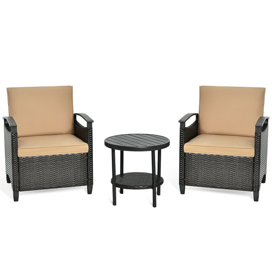 3 Piece Patio Rattan Furniture Set, Cushioned Sofa, Storage Table, Brown