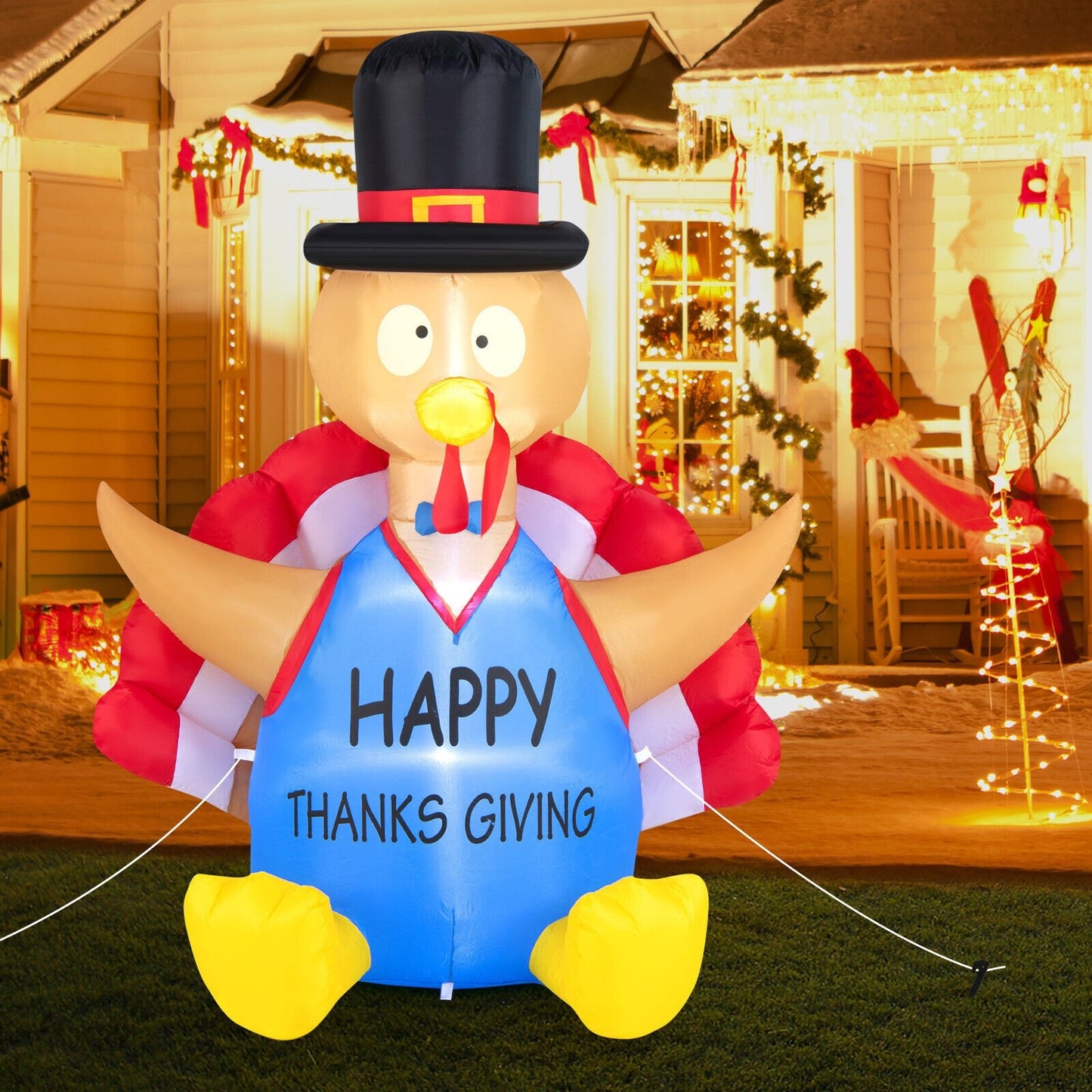 6 Feet Thanksgiving Inflatable Turkey Harvest Day Decoration with Lights for Lawn, Multicolor - Gallery Canada