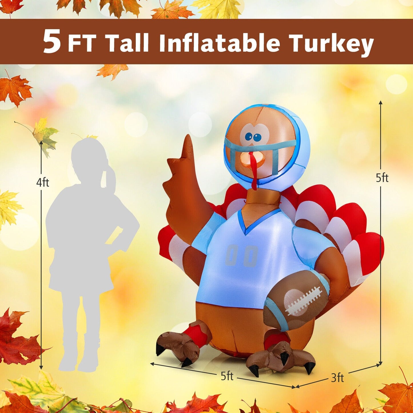 5 Feet Inflatable Thanksgiving Turkey Football Player with Lights, Multicolor - Gallery Canada