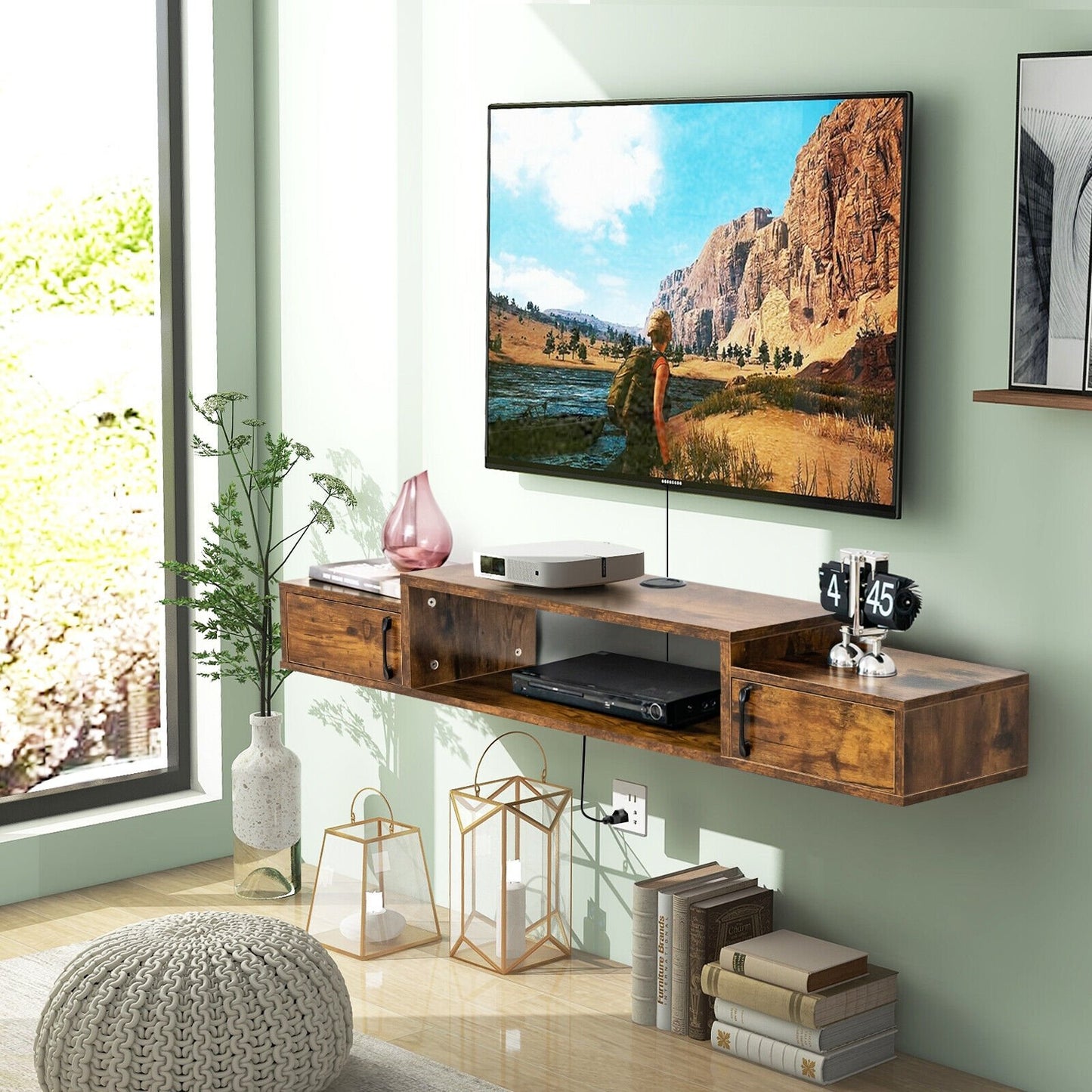 55 Inches Floating TV Stand with Power Outlet, Rustic Brown - Gallery Canada
