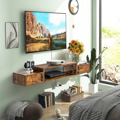 55 Inches Floating TV Stand with Power Outlet, Rustic Brown - Gallery Canada