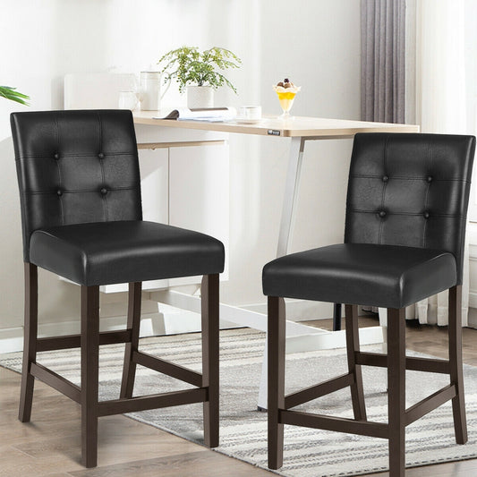 Set of 2 PVC Leather Bar Stools with Solid Wood Legs, Black Bar Stools Black at Gallery Canada