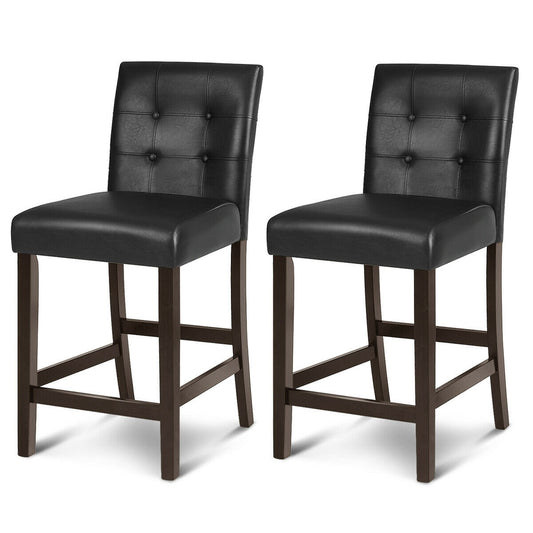 Set Of 2 PVC Leather Bar Stools, Solid Wood Legs, Black
