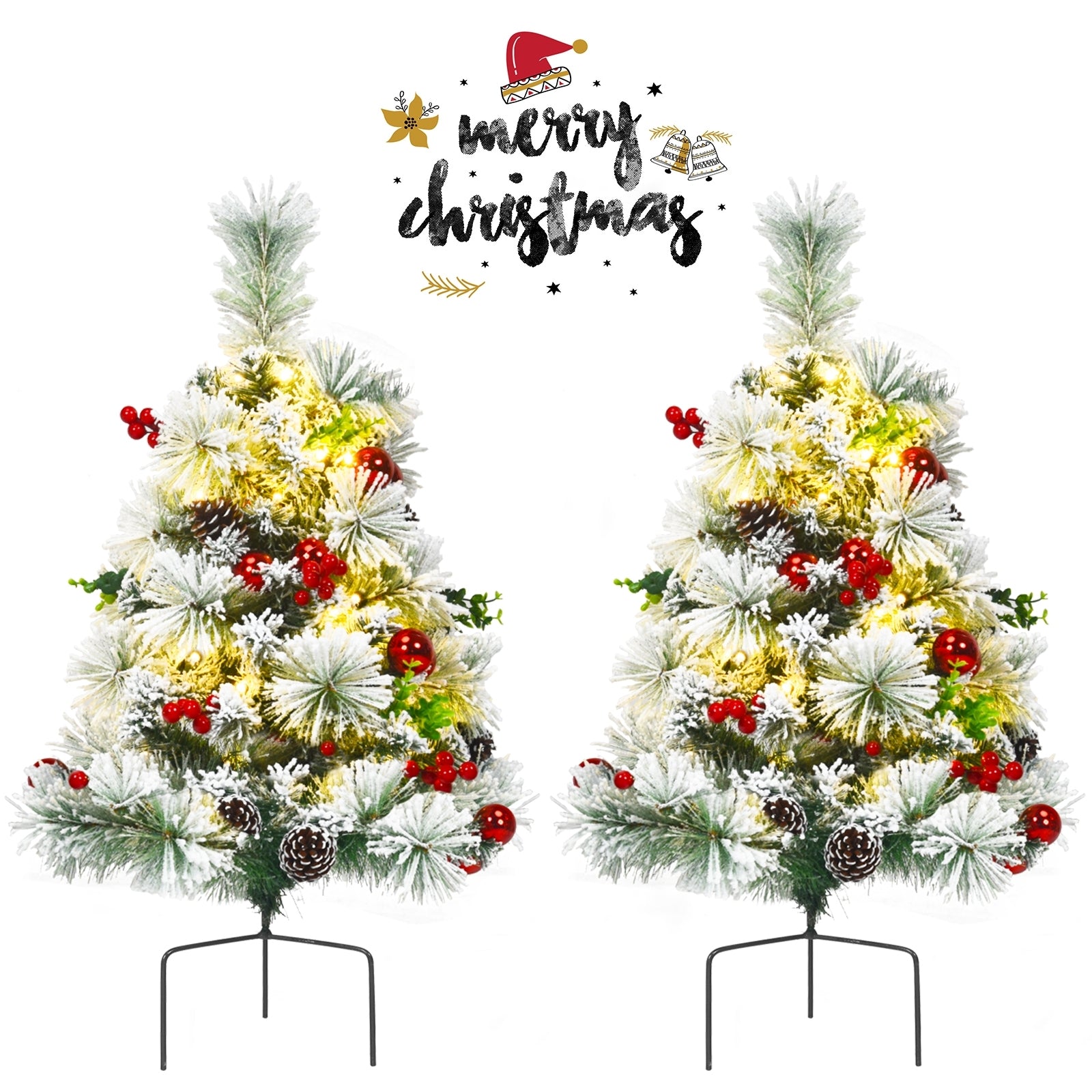 2 Feet Set of 2 Pre-lit Flocked Christmas Trees, Battery Powered, Green Christmas Decor & Accessories at Gallery Canada
