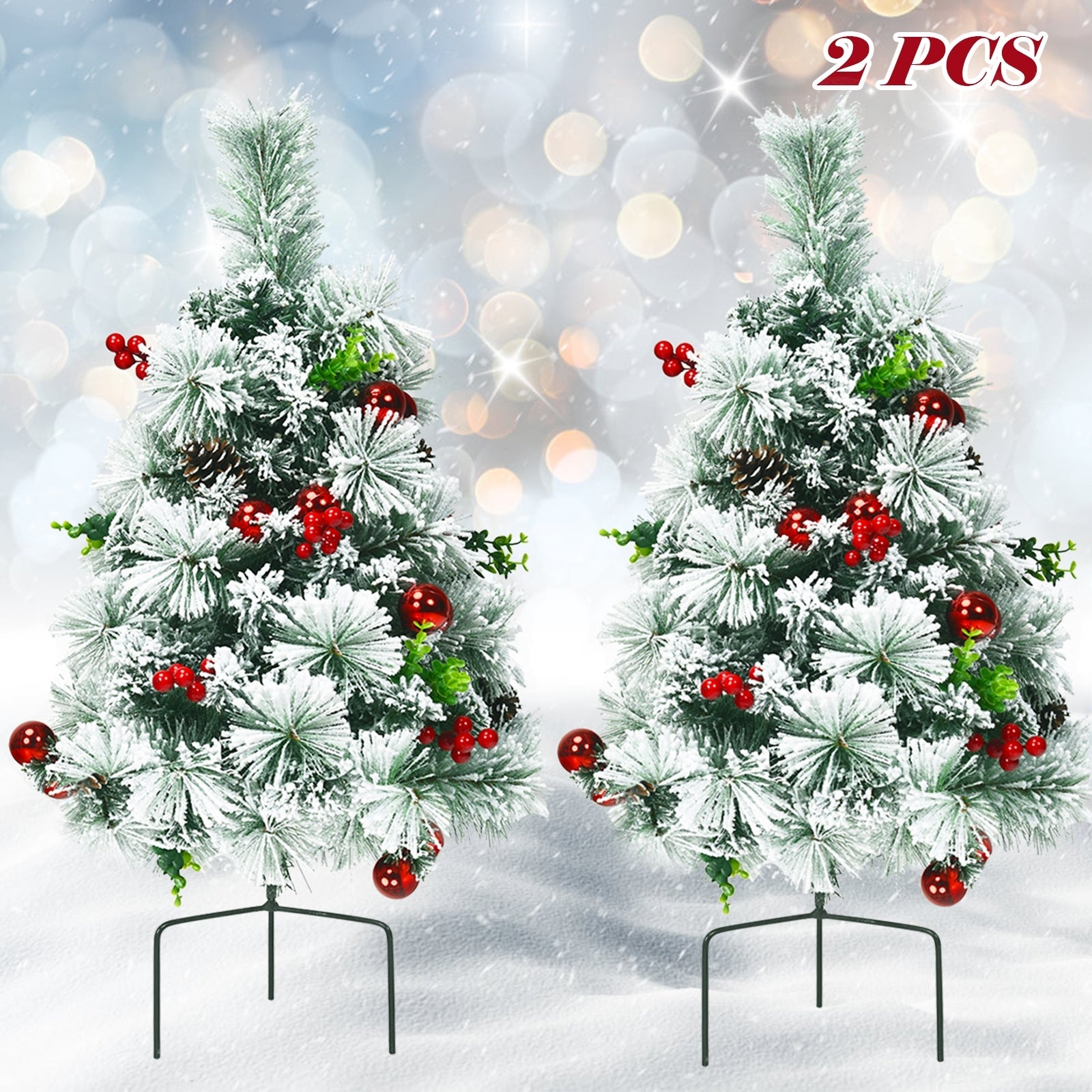 2 Feet Set of 2 Pre-lit Flocked Christmas Trees, Battery Powered, Green Christmas Decor & Accessories at Gallery Canada