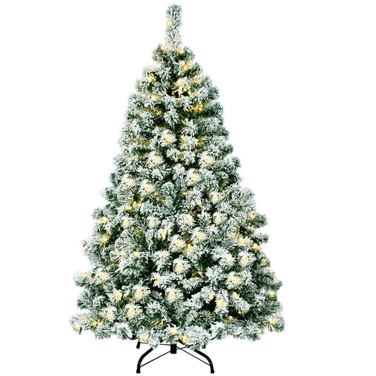 4.5 Feet Pre-Lit Premium Snow Flocked Hinged Artificial Christmas Tree, Green - Gallery Canada