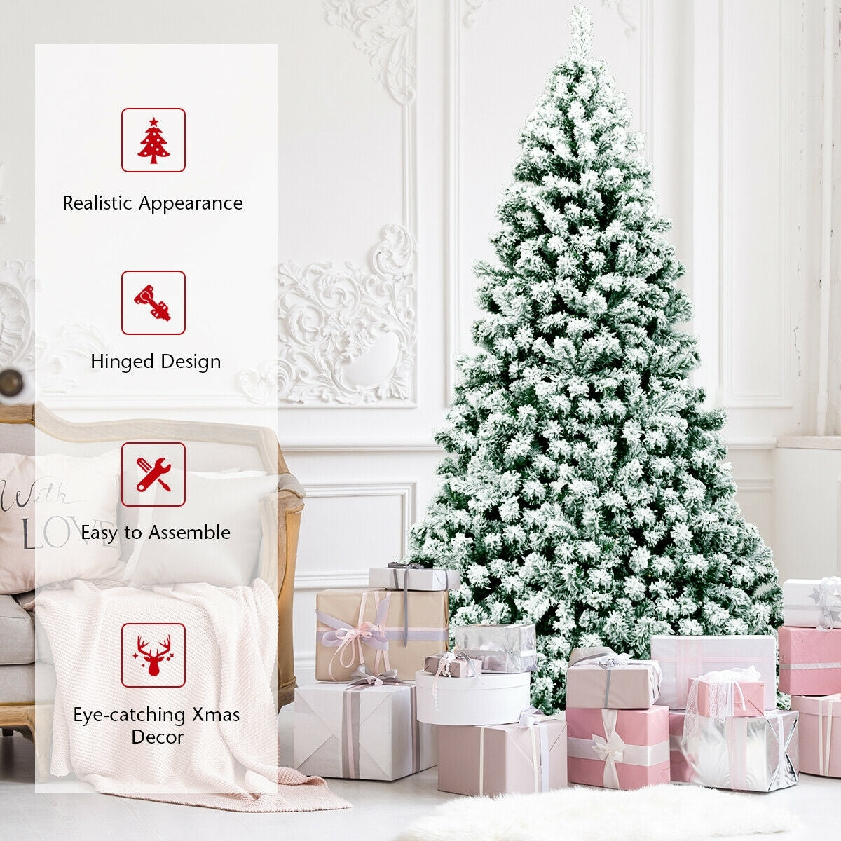 7.5 Feet Pre-Lit Premium Snow Flocked Hinged Artificial Christmas Tree with 550 Lights, Green Christmas Tree at Gallery Canada