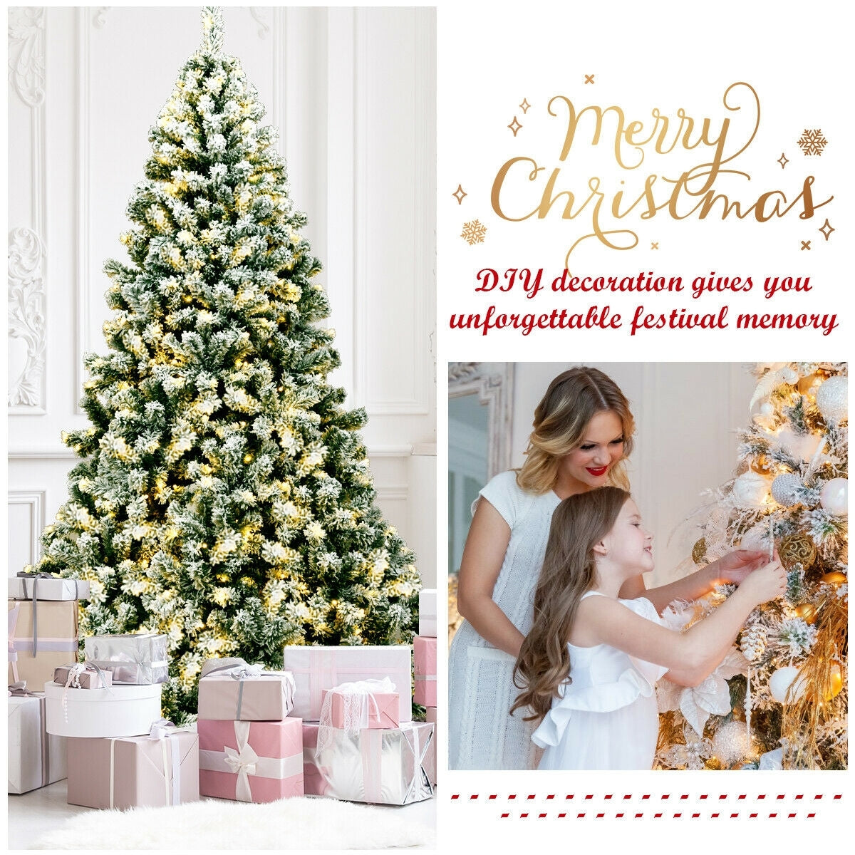 7.5 Feet Pre-Lit Premium Snow Flocked Hinged Artificial Christmas Tree with 550 Lights, Green Christmas Tree at Gallery Canada