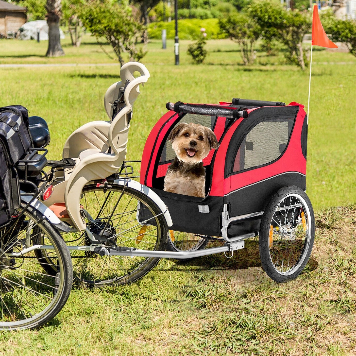 Dog Bike Trailer Foldable Pet Cart with 3 Entrances for Travel, Red - Gallery Canada