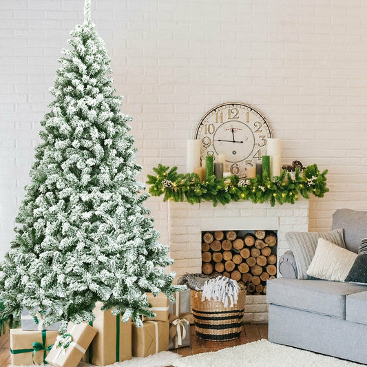 7.5 Feet Snow Flocked Artificial Christmas Tree Hinged with 1346 Tip and Foldable Base, White Christmas Tree Green at Gallery Canada