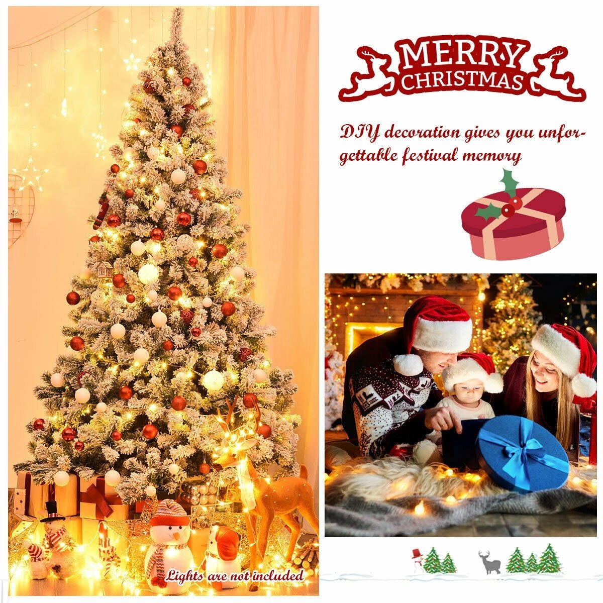 7.5 Feet Snow Flocked Artificial Christmas Tree Hinged with 1346 Tip and Foldable Base, Green - Gallery Canada