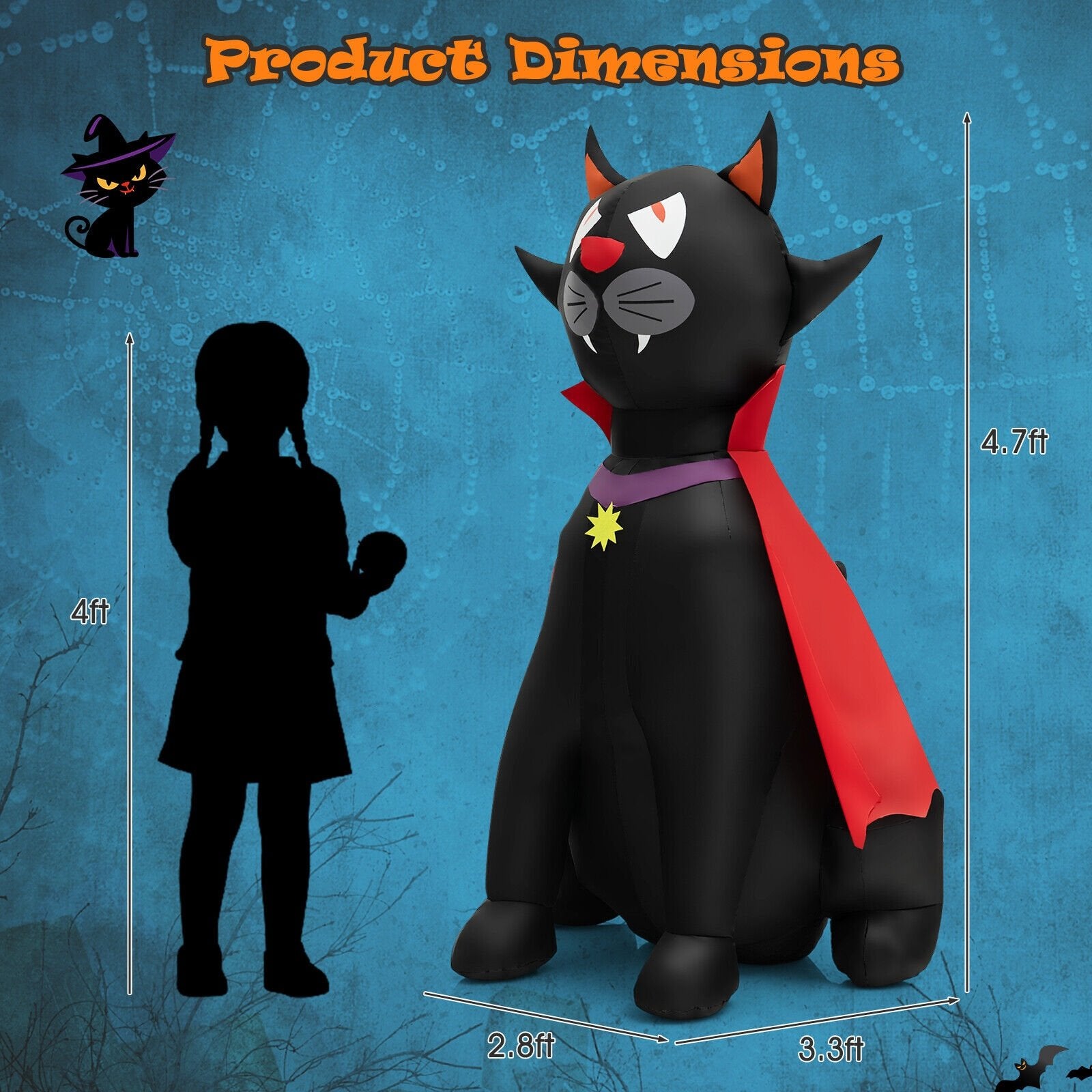 4.7 Feet Halloween Inflatable Vampire Cat with Red Cloak, Black - Gallery Canada