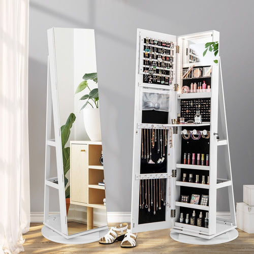 360° Rotating Mirrored Jewelry Cabinet Armoire 3 Color LED Modes Lockable, White