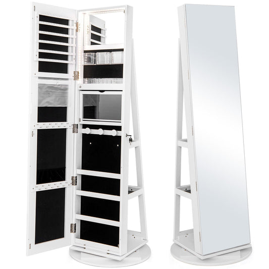 360° Rotating Mirrored Jewelry Cabinet Armoire 3 Color LED Modes Lockable, White - Gallery Canada