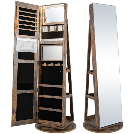 360° Rotating Mirrored Jewelry Cabinet Armoire 3 Color LED Modes Lockable, Brown - Gallery Canada