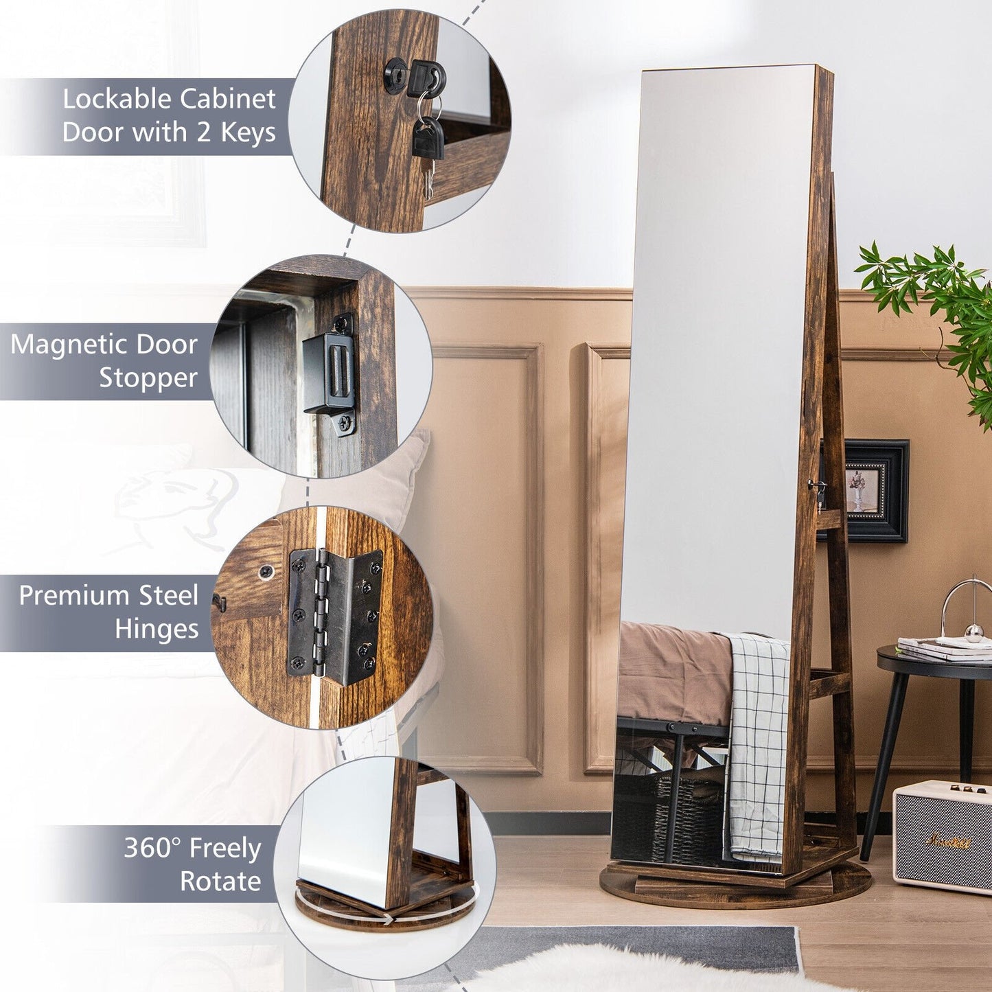 360° Rotating Mirrored Jewelry Cabinet Armoire 3 Color LED Modes Lockable, Brown - Gallery Canada