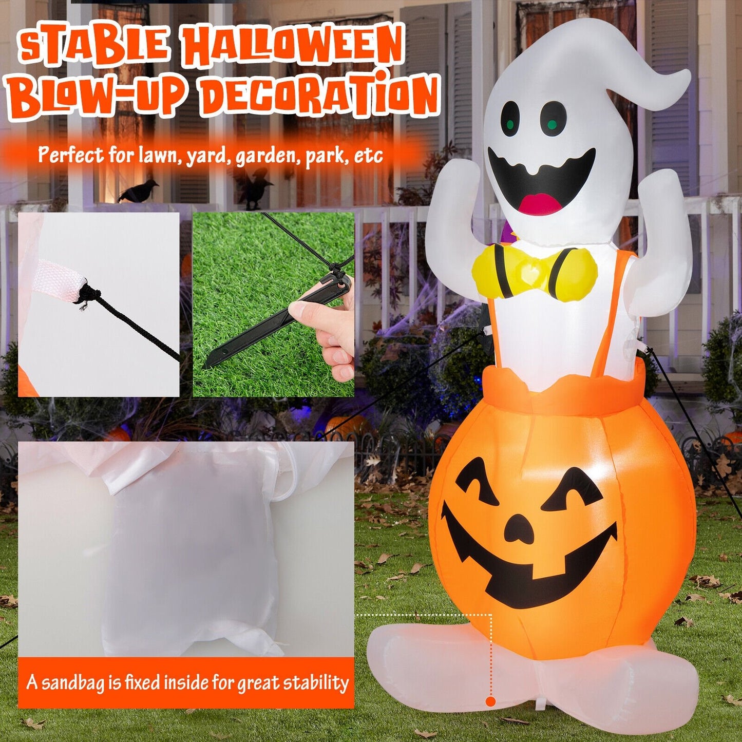 5 Feet Inflatable Halloween Pumpkin Ghost Blow-up Yard Decoration with LED Lights, Multicolor - Gallery Canada