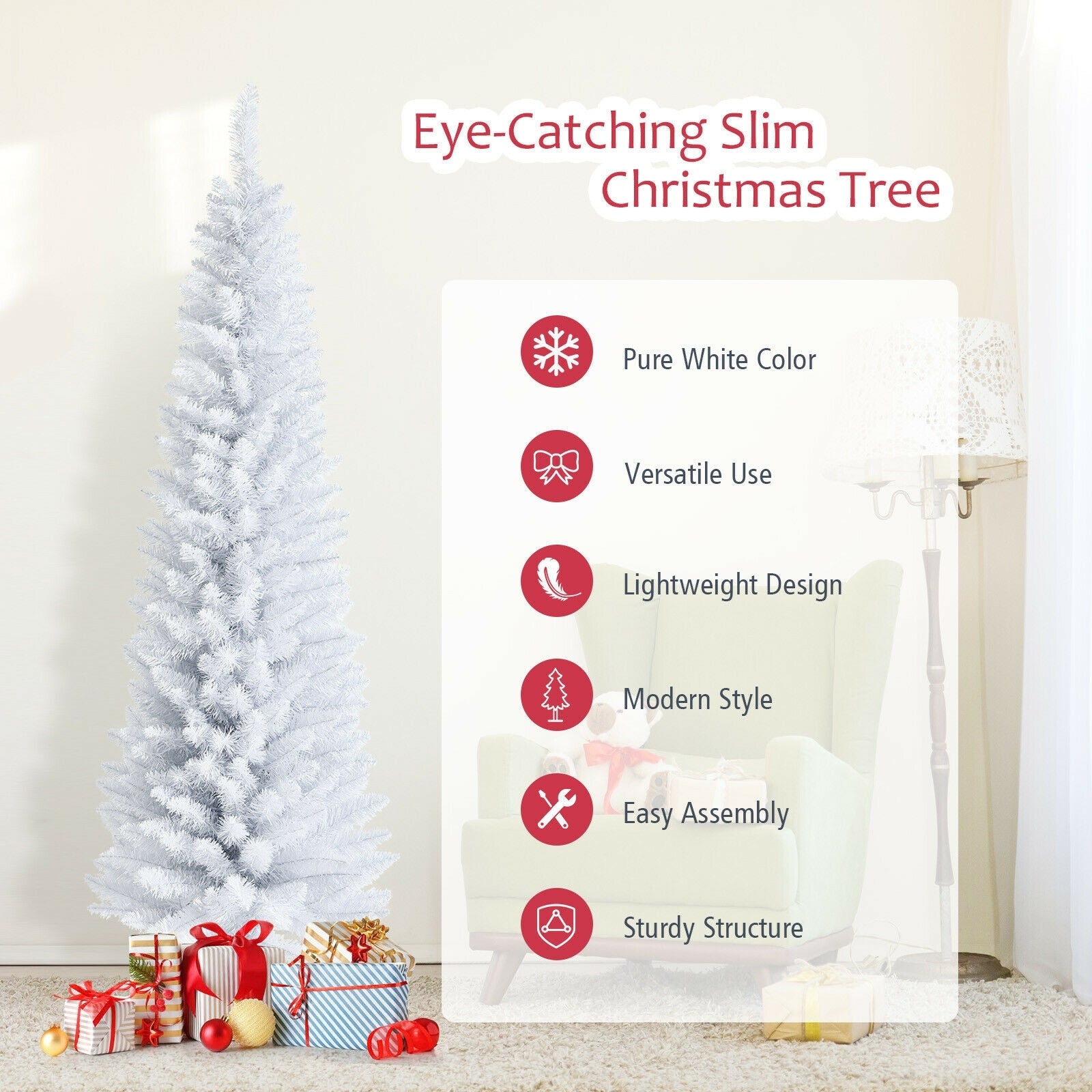 6 Feet Unlit Artificial Slim Pencil Christmas Tree with Metal Stand, White Christmas Tree at Gallery Canada